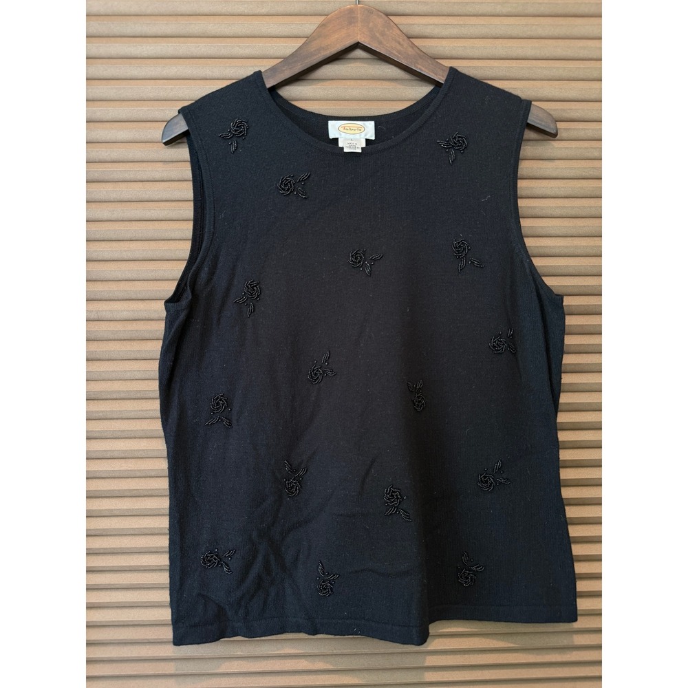 Talbots Sweater Cashmere Silk Tank Women L Black Beaded Floral Rosette Soft EUC